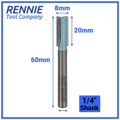 Rennie Tools - 8mm Cutting Diameter x 20mm Flute x 1/4" Shank TCT Tipped 2 Flute Straight Router Cutter Bit. 8mm Router Bit