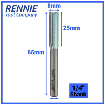 Rennie Tools - 8mm Cutting Diameter x 25mm Flute x 1/4" Shank TCT Tipped 2 Flute Straight Router Cutter Bit. 8mm Router Bit
