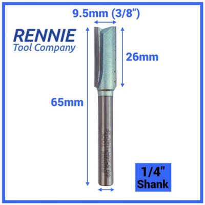 Rennie Tools - 9.5mm (3/8") Cutting Diameter x 26mm Flute x 1/4" Shank TCT Tipped 2 Flute Straight Router Cutter Bit.