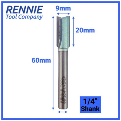 Rennie Tools - 9mm Cutting Diameter x 20mm Flute x 1/4" Shank TCT Tipped 2 Flute Straight Router Cutter Bit. 9mm Router Bit