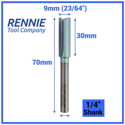 Rennie Tools - 9mm Cutting Diameter x 30mm Flute x 1/4" Shank TCT Tipped 2 Flute Straight Router Cutter Bit. 9mm Router Bit