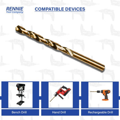 Rennie Tools Box of 10 x 1.1mm HSS Gold Cobalt Jobber Drill Bit Set For Stainless Steel, Hard Metals, Aluminium, Cast Iron, Copper