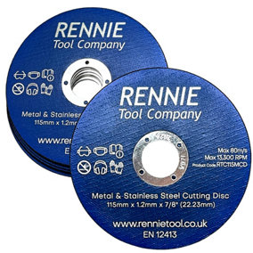 Rennie Tools Pack Of 10 - 115mm Cutting Discs For Angle Grinder, 4.5" Cutting Blades for Metal Stainless Steel Non-ferrous Metals