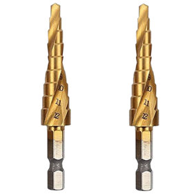 Rennie Tools Pack Of 2 x 3-12mm HSS Spiral Flute Step Drill Bit Titanium (TiN) Coated Cone / Hole Cutter For Steel Plastics & Wood