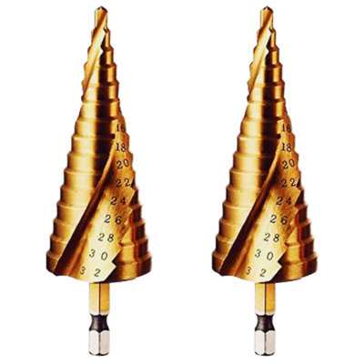 Rennie Tools Pack Of 2 x 4-32mm HSS Spiral Flute Step Drill Bit Titanium (TiN) Coated Cone / Hole Cutter For Steel Plastics & Wood