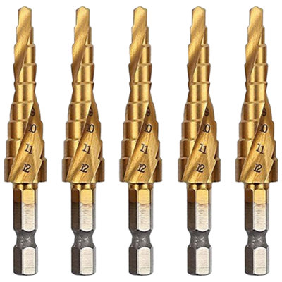 Rennie Tools Pack Of 3 x 3-12mm HSS Spiral Flute Step Drill Bit Titanium (TiN) Coated Cone / Hole Cutter For Steel Plastics & Wood