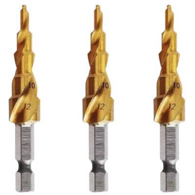 Rennie Tools Pack Of 3 x 4-12mm HSS Spiral Flute Step Drill Bit Titanium (TiN) Coated Cone / Hole Cutter For Steel Plastics & Wood