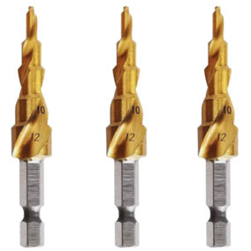 Rennie Tools Pack Of 3 x 4-12mm HSS Spiral Flute Step Drill Bit Titanium (TiN) Coated Cone / Hole Cutter For Steel Plastics & Wood