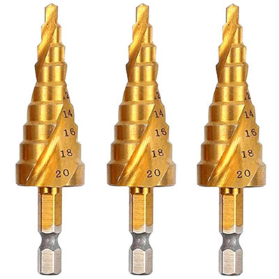 Rennie Tools Pack Of 3 x 4-20mm HSS Spiral Flute Step Drill Bit Titanium (TiN) Coated Cone / Hole Cutter For Steel Plastics & Wood