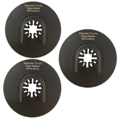 Rennie Tools Pack Of 3 x 80mm Diameter Round Oscillating Multi Tool Blades For Wood, Plastic & Metal. Universal Fitting Multitool