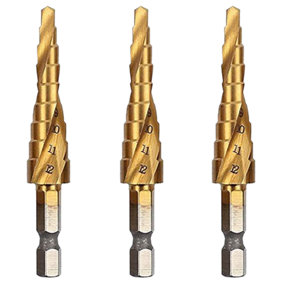 Rennie Tools Pack Of 5 x 3-12mm HSS Spiral Flute Step Drill Bit Titanium (TiN) Coated Cone / Hole Cutter For Steel Plastics & Wood