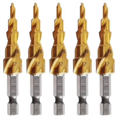 Rennie Tools Pack Of 5 x 4-12mm HSS Spiral Flute Step Drill Bit Titanium (TiN) Coated Cone / Hole Cutter For Steel Plastics & Wood