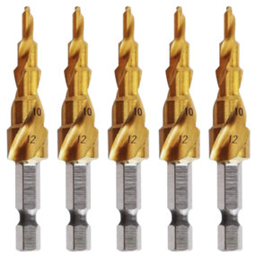 Rennie Tools Pack Of 5 x 4-12mm HSS Spiral Flute Step Drill Bit Titanium (TiN) Coated Cone / Hole Cutter For Steel Plastics & Wood