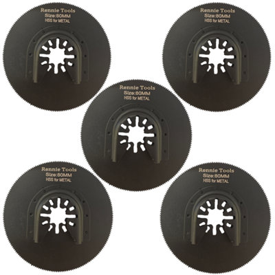 Rennie Tools Pack Of 5 x 80mm Diameter Round Oscillating Multi Tool Blades For Wood, Plastic & Metal. Universal Fitting Multitool