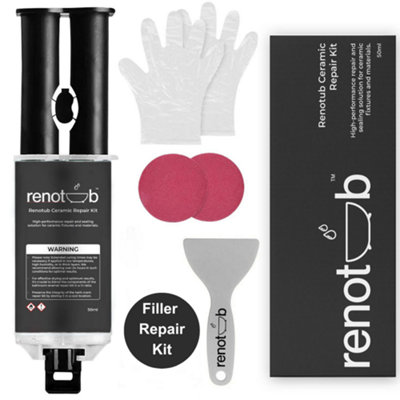 Renotub Repair Filler Kit White For Ceramic Porcelain Bath, Sink, Tub, Toilet, Shower Tray & Fibreglass  - Brilliant White 50ml