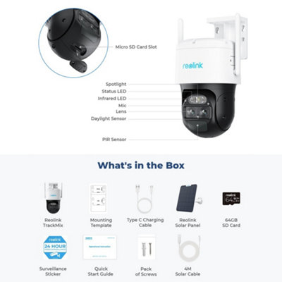 Reolink 2K TrackMix Auto tracking PTZ 6x Zoom WiFi Adv AI detection, Colour night vision cam with Solar panel + 64GB MicroSD card