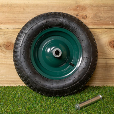 Replacement 15" x 3.4" Pneumatic Heavy Duty Garden Wheelbarrow Wheel & Axel In Green