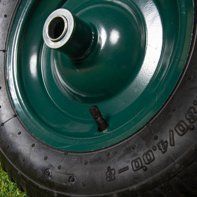 Replacement 15 x 3.4 Pneumatic Heavy Duty Garden Wheelbarrow Wheel Axel In Green