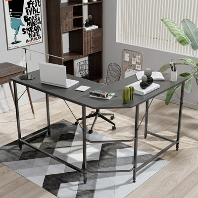 Requena L Shaped Corner Desk Computer Desk Workstation for Home Office Study Easy to Assemble DK014 Black Black