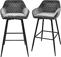 Requena Pair of Bar Stools Fabric Upholstered seat with Black Metal Legs Kitchen Barstool BAR01 Velvet-Dune Grey