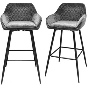 Requena Pair of Bar Stools Fabric Upholstered seat with Black Metal Legs Kitchen Barstool BAR01 Velvet-Dune Grey