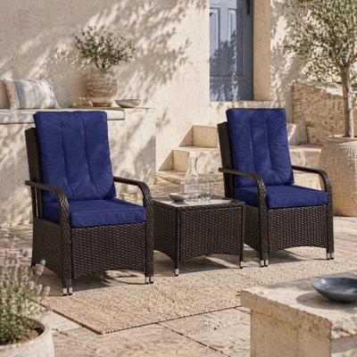 Rereha 3-Piece Dark Blue Rattan Bistro Set with Glass Table and ...