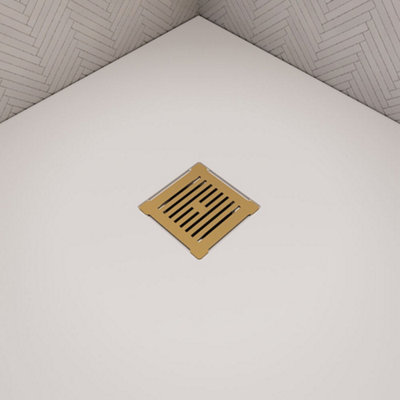 Resin Slimline Shower Tray Grill Waste - White with Brushed Brass Top