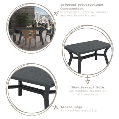 Resol - 4 Seater Tulip Rectangular Plastic Garden Dining Table - 90cm x 140cm - Grey