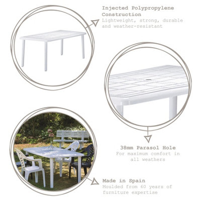 Resol - 6 Seater Sevilla Rectangular Plastic Garden Dining Table - 90cm x 180cm - White
