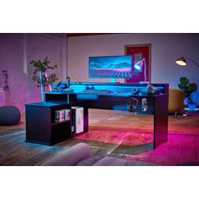 Rest Relax Alpha Gaming Desk in Black with RGB LED Lights L Shape