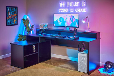 Rest Relax Alpha Gaming Desk in Black with RGB LED Lights L Shape
