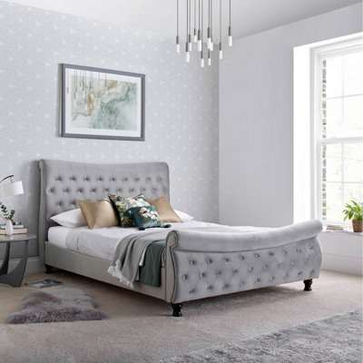 Rest Relax Oscar Grey Velvet Chesterfield Sleigh Bed