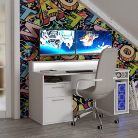 Rest Relax Warrior Gaming Desk in White with RGB LED Lights