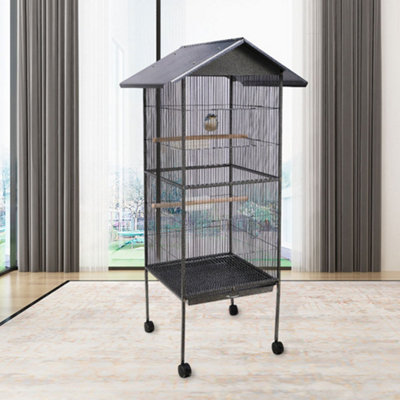 Retangular Black Metal Bird Cage With 4 Castors and House Roof 520x520x1600mm