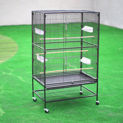 Retangular Black Metal Bird Cage With 4 Castors and Shelf