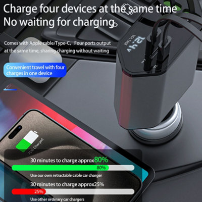 Retractable car charger  120W fast charging USB and TYPE-C Apple interface - 3