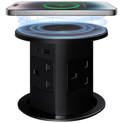 Retractable Pop Up Sockets w/ Wireless Charging Pad 4x UK Plugs 2 x