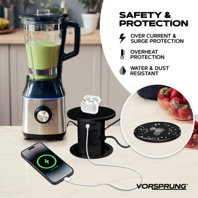 Retractable Pop Up Sockets w/ Wireless Charging Pad - 4x UK Plugs - 2 x ...