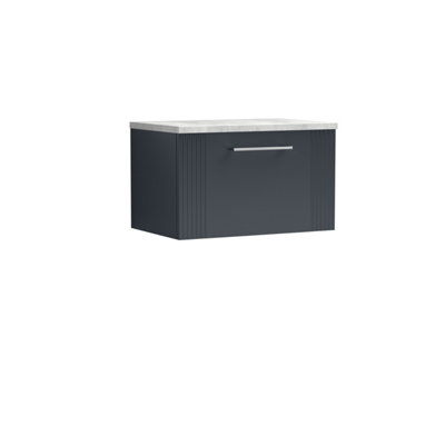Retro 1 Drawer Wall Hung Vanity Unit with Bellato Grey Laminate Worktop - 600mm - Satin Soft Black - Balterley