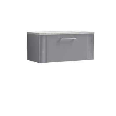 Retro 1 Drawer Wall Hung Vanity Unit with Bellato Grey Laminate Worktop - 800mm - Satin Grey - Balterley