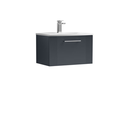 Retro 1 Drawer Wall Hung Vanity Unit with Curved 1 Tap Hole Ceramic Basin - 600mm - Satin Dark Grey - Balterley