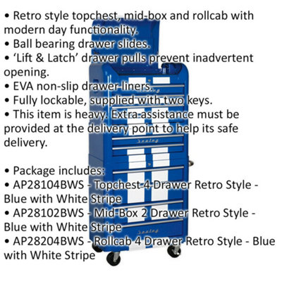 Retro 10 Drawer Topchest Mid Box & Rollcab Bundle - Locking - BB Slides - Blue