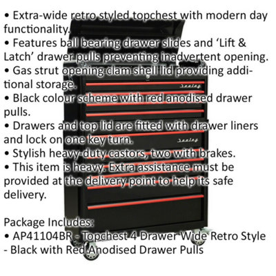 Retro 10 Drawer Topchest & Rollcab Bundle - Locking - BB Slides - Black & Red