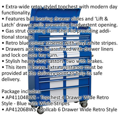 Retro 10 Drawer Topchest & Rollcab Bundle - Locking - BB Slides - Blue & White