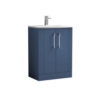 Retro 2 Door Floor Standing Vanity Unit with Curved 1 Tap Hole Ceramic Basin - 600mm - Satin Blue - Balterley