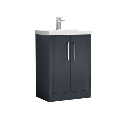 Retro 2 Door Floor Standing Vanity Unit with Mid-Edge 1 Tap Hole Ceramic Basin - 600mm - Satin Soft Black - Balterley