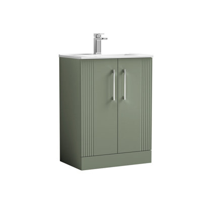 Retro 2 Door Floor Standing Vanity Unit with Minimalist 1 Tap Hole Ceramic Basin - 600mm - Satin Green - Balterley