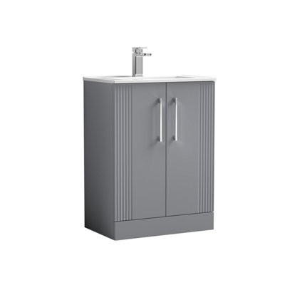 Retro 2 Door Floor Standing Vanity Unit with Minimalist 1 Tap Hole Ceramic Basin - 600mm - Satin Grey - Balterley