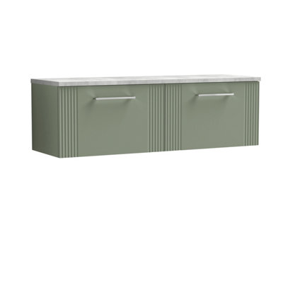 Retro 2 Drawer Wall Hung Vanity Unit with Bellato Grey Laminate Worktop - 1200mm - Satin Green - Balterley