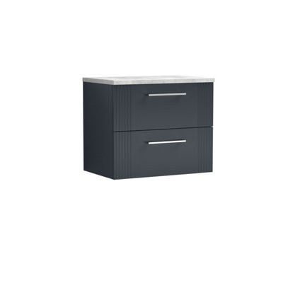 Retro 2 Drawer Wall Hung Vanity Unit with Bellato Grey Laminate Worktop - 600mm - Satin Dark Grey - Balterley